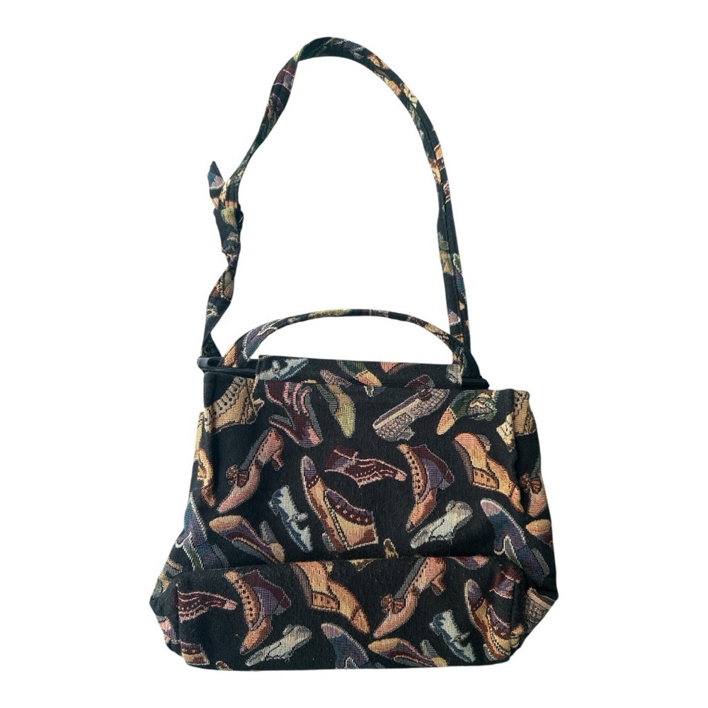 Toby Weston Tapestry‎ Hand Bag Black With 1950’s  Shoe Patterns Black and Tan - Picture 2 of 6